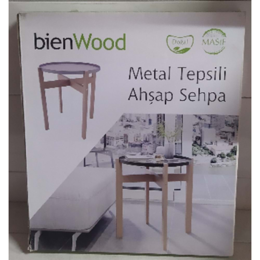 METAL TEPSİLİ AHŞAP YUVARLAK SEHPA