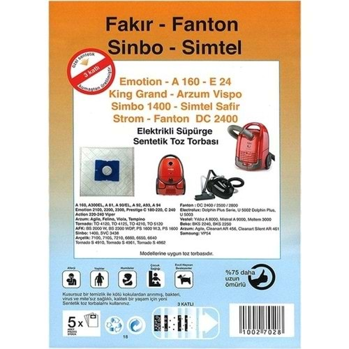 ELEKTİRİKLİ SÜPÜRGE TOZ TORBASI x 5Lİ FAKIR-FANTOM-SİNBO-SİMTEL